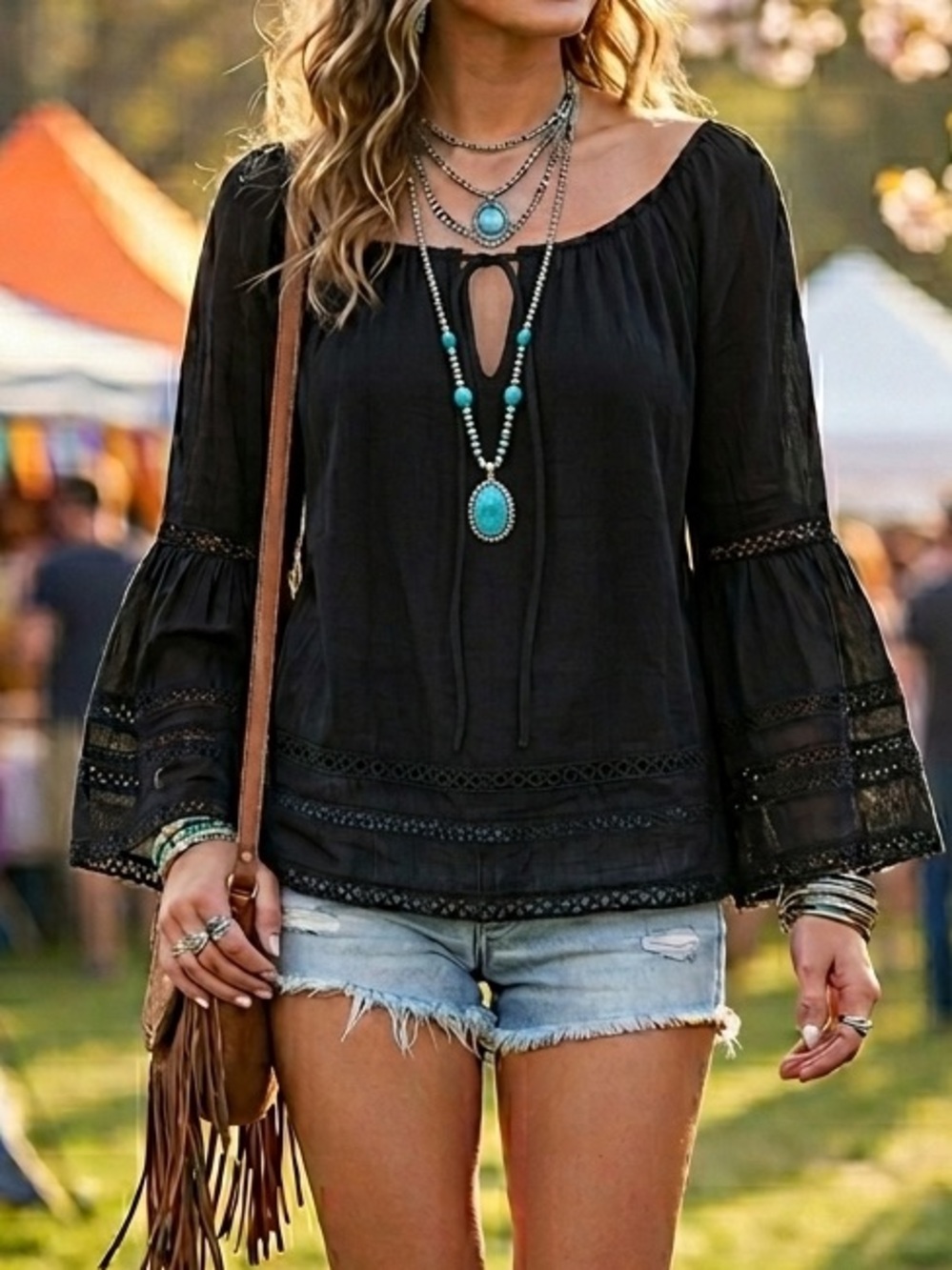 GUESS Sheer Cold-Shoulder Bell Sleeve Blouse Eyelet Lace Boho Small